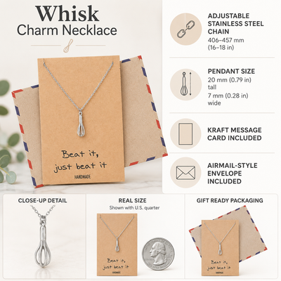 Elizabeth Cute Whisk Egg Beater Pendant Necklace, Gift for Baker, Inspirational Quote