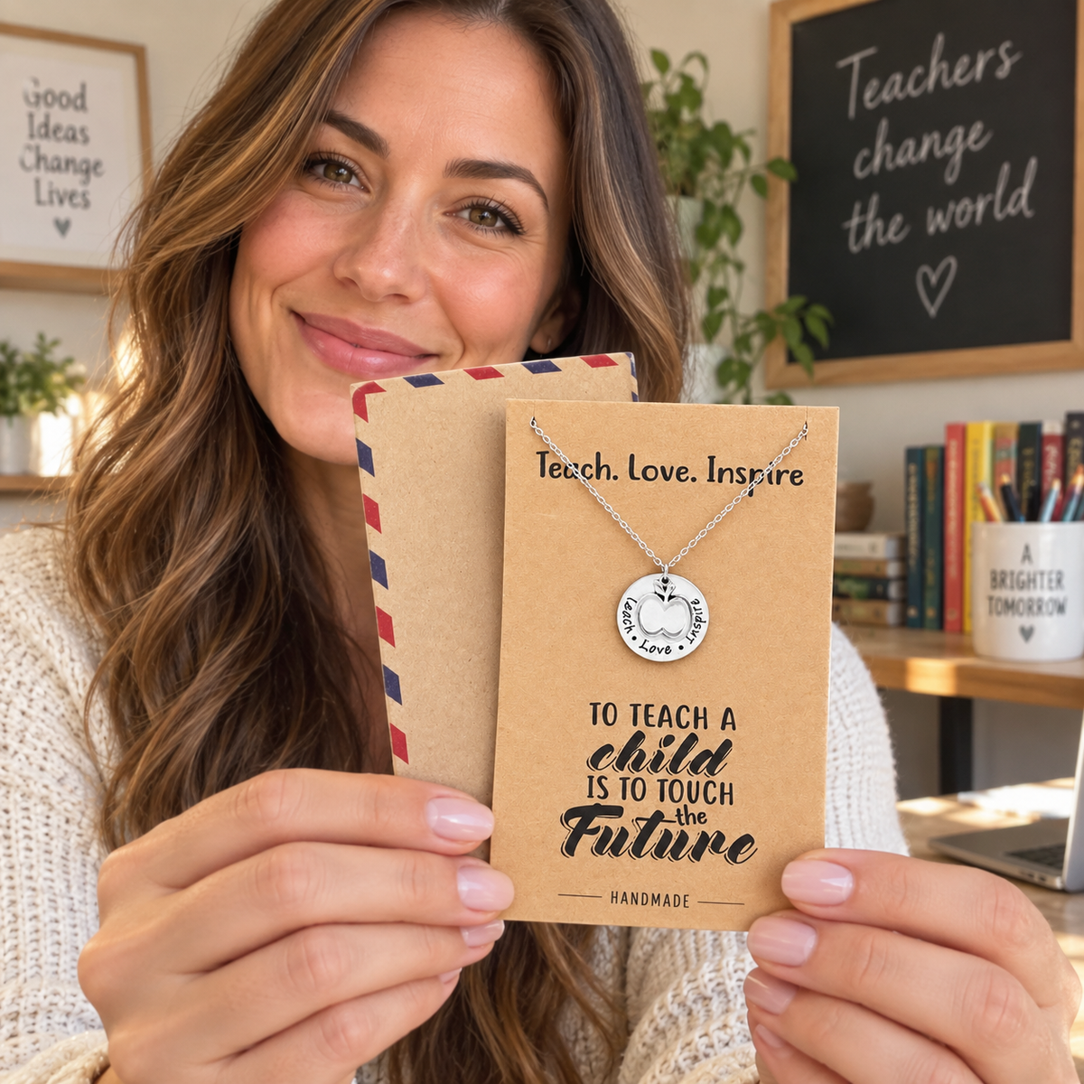 Zuri Gifts for Teachers - Teach Love Inspire Necklace, Teacher Gifts with Greeting Card
