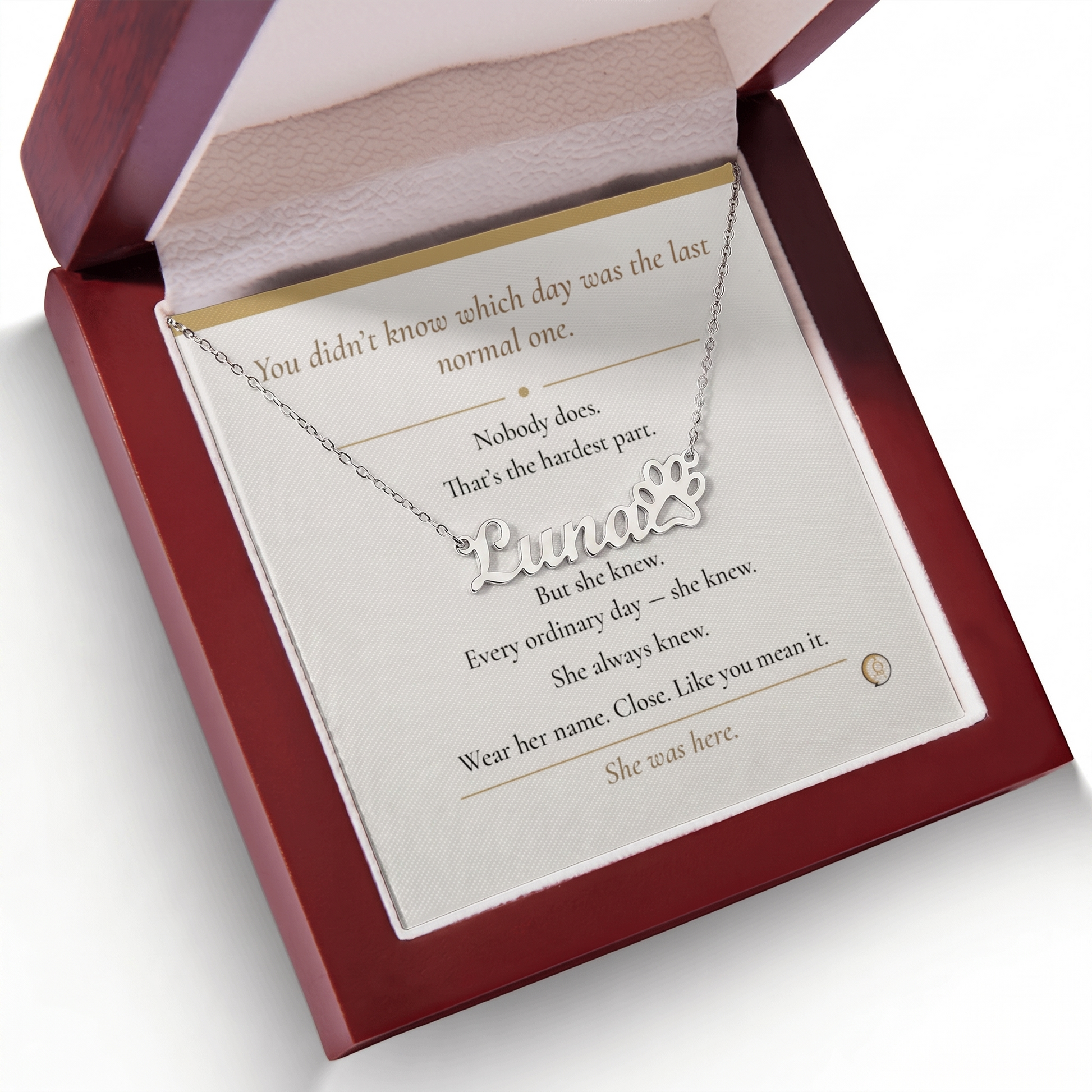 Necklace with 'Luna' pendant in a jewelry box with a sentimental message card.