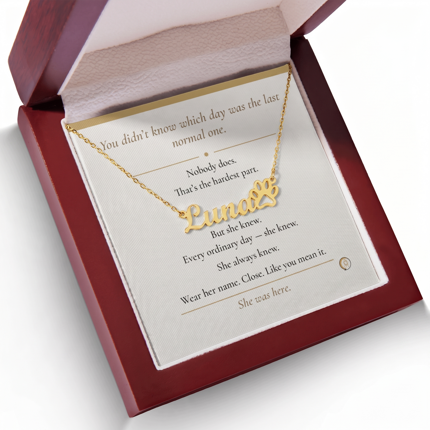 Gold necklace with 'Luna' on a card in an open jewelry box