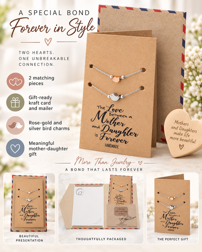 Kizia Mother Daughter Bird Pearl Bracelets Set For 2 , Silver Tone, Gifts for Mom With Greeting Card