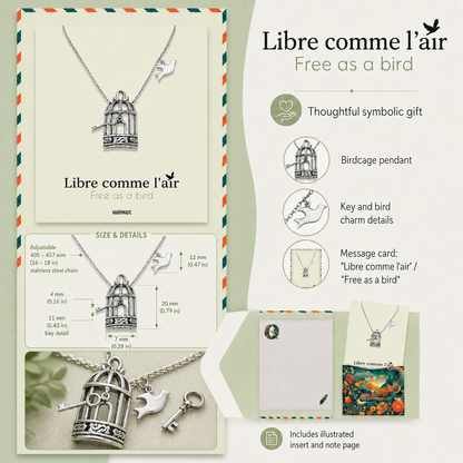 Aya Bird Cage with Key and Bird Charms Necklace, Womens Necklace, Gift for Women