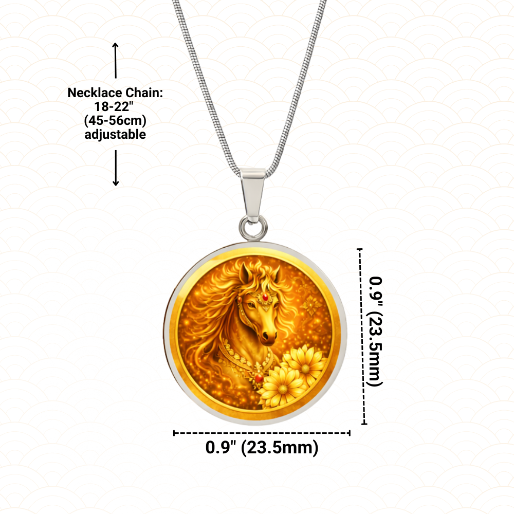 Golden Horse Necklace | Luxury Circle Pendant Necklace | Fire Horse Jewelry Gift | Lunar New Year Horse Necklace