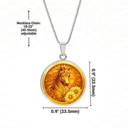 Golden Horse Necklace | Luxury Circle Pendant Necklace | Fire Horse Jewelry Gift | Lunar New Year Horse Necklace
