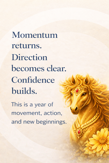 Gold horse with decorative elements and a yellow flower on a light background with motivational text.