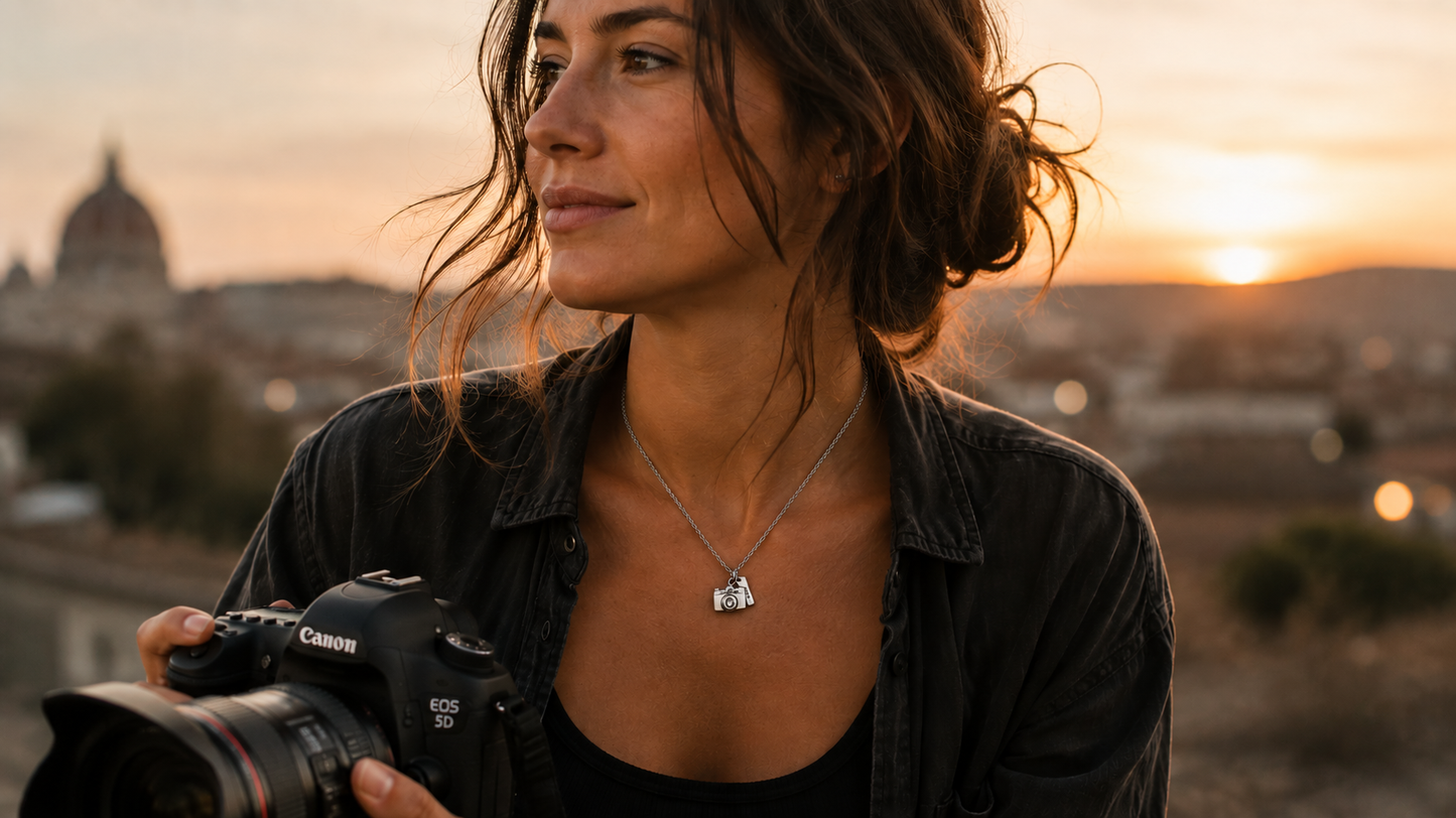 Elly Mini Camera Engraved Pendants Necklace for Women, Photography Gifts, with Inspirational Quote