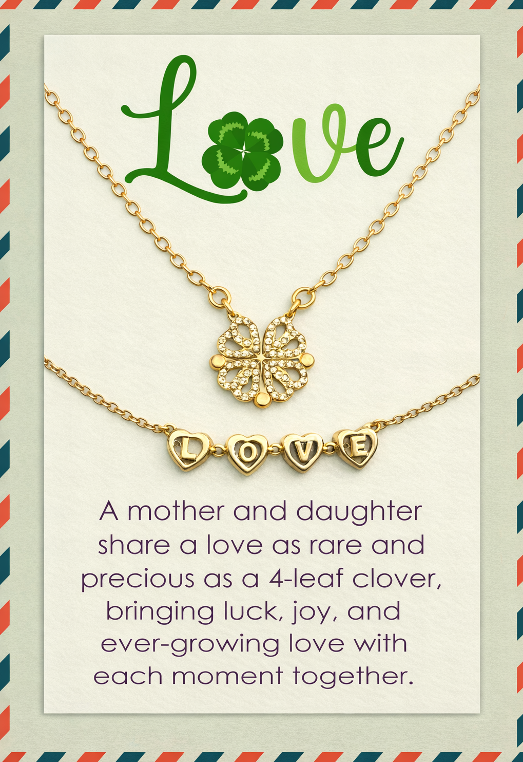 Gigi Love 4-Leaf Clover with Swarovski Pendant Necklace with Mother and Daughter Quotes on Thank You Card, Gifts for Girls, BFF, Women, Gold Plated
