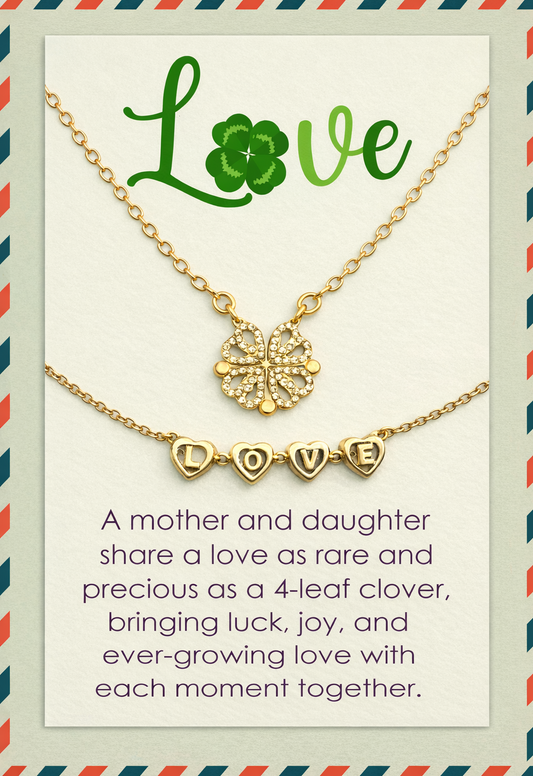 Gigi Love 4-Leaf Clover with Swarovski Pendant Necklace with Mother and Daughter Quotes on Thank You Card, Gifts for Girls, BFF, Women, Gold Plated