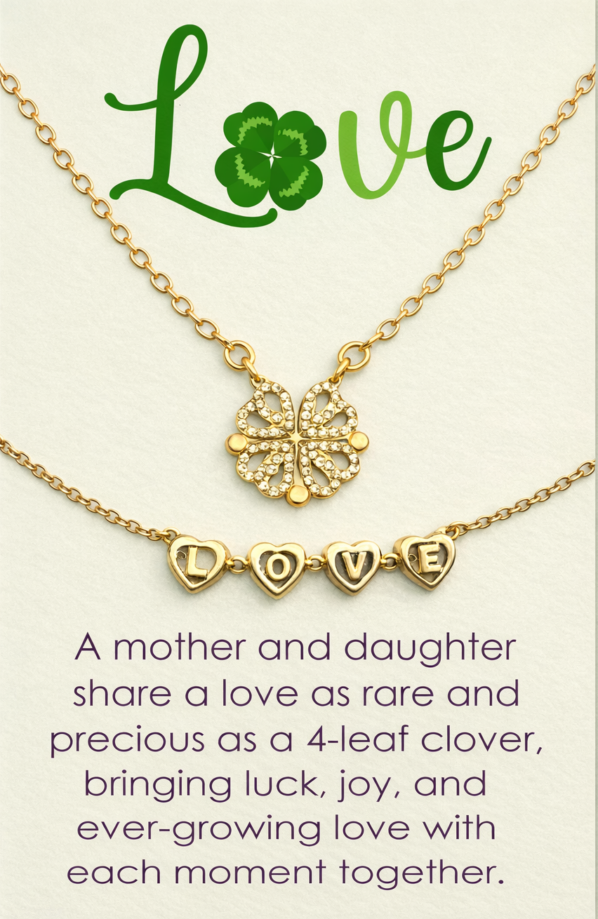 Gigi Love 4-Leaf Clover with Swarovski Pendant Necklace with Mother and Daughter Quotes on Thank You Card, Gifts for Girls, BFF, Women, Gold Plated