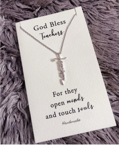 Joyfulle Aaron Teacher Script Pendant Cross Necklace, Handmade Gifts for Teachers with Inspirational Quotes on Greeting Card, Rhodium Plated