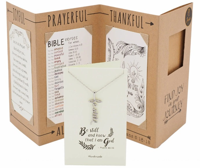 Joyfulle Rachel Be Still Script Pendant Necklace, Bible Verse Prayer Charm, Faith Religious Gifts for Women with Inspirational Greeting Card