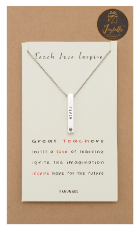 Joyfulle Zina Teach Love Inspire Bar Pendant Necklace, Handmade Teacher Appreciation Gifts for Women with Inspirational Greeting Card