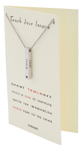 Joyfulle Zina Teach Love Inspire Bar Pendant Necklace, Handmade Teacher Appreciation Gifts for Women with Inspirational Greeting Card