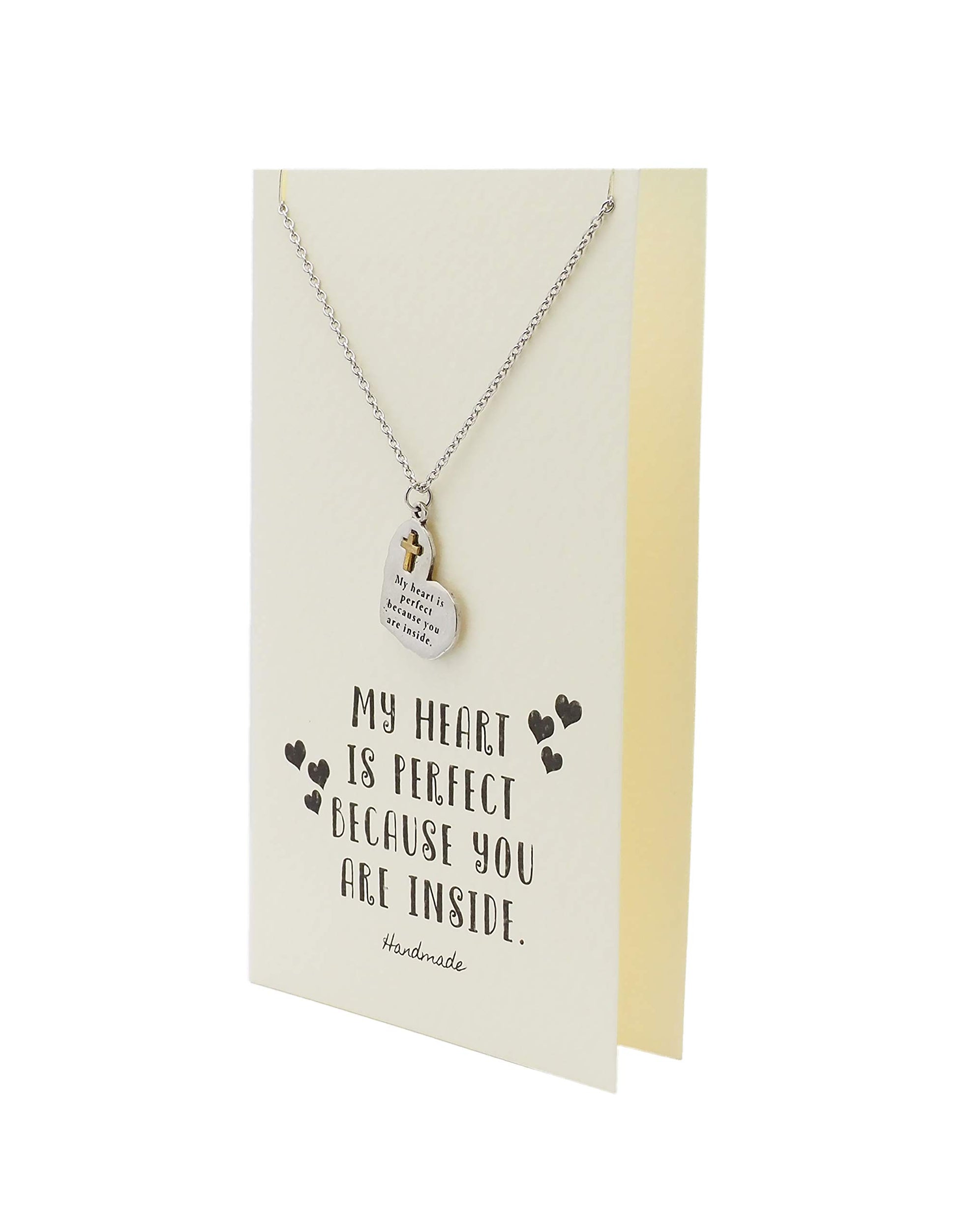 Necklace with heart-shaped pendant on a card with text, on a white background