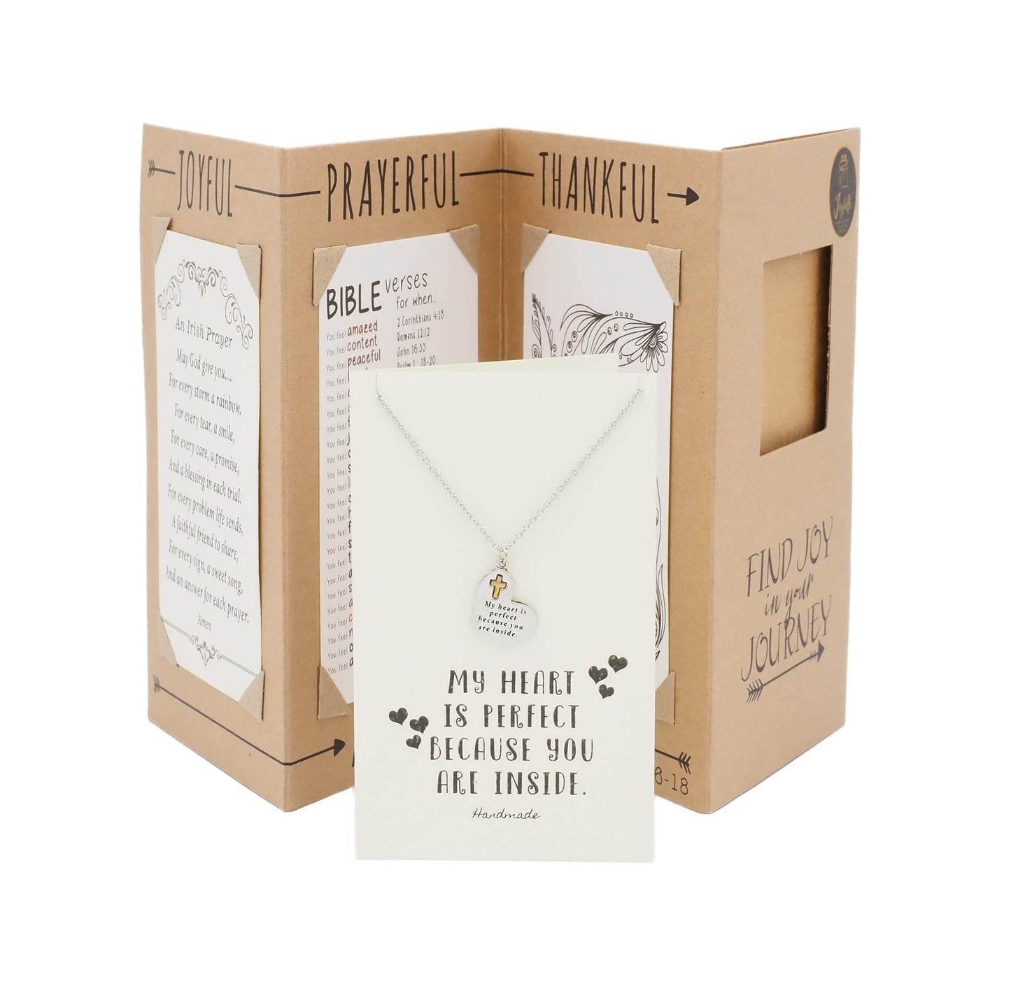 Cardboard display box with a necklace and card inside, featuring motivational text.