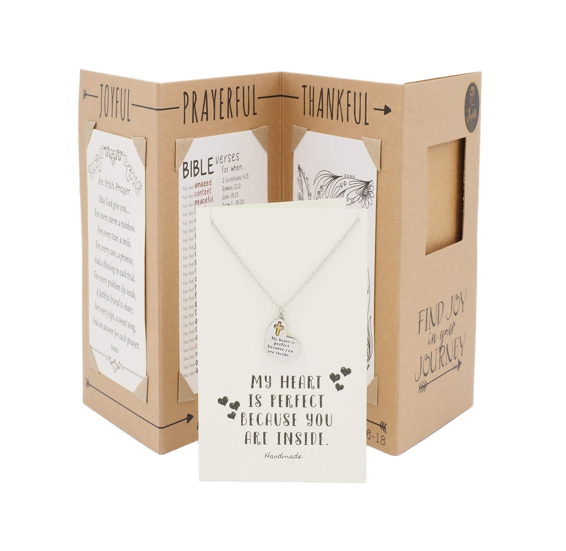 Cardboard display box with a necklace and card inside, featuring motivational text.