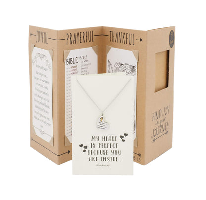 Cardboard display box with a necklace and card inside, featuring motivational text.