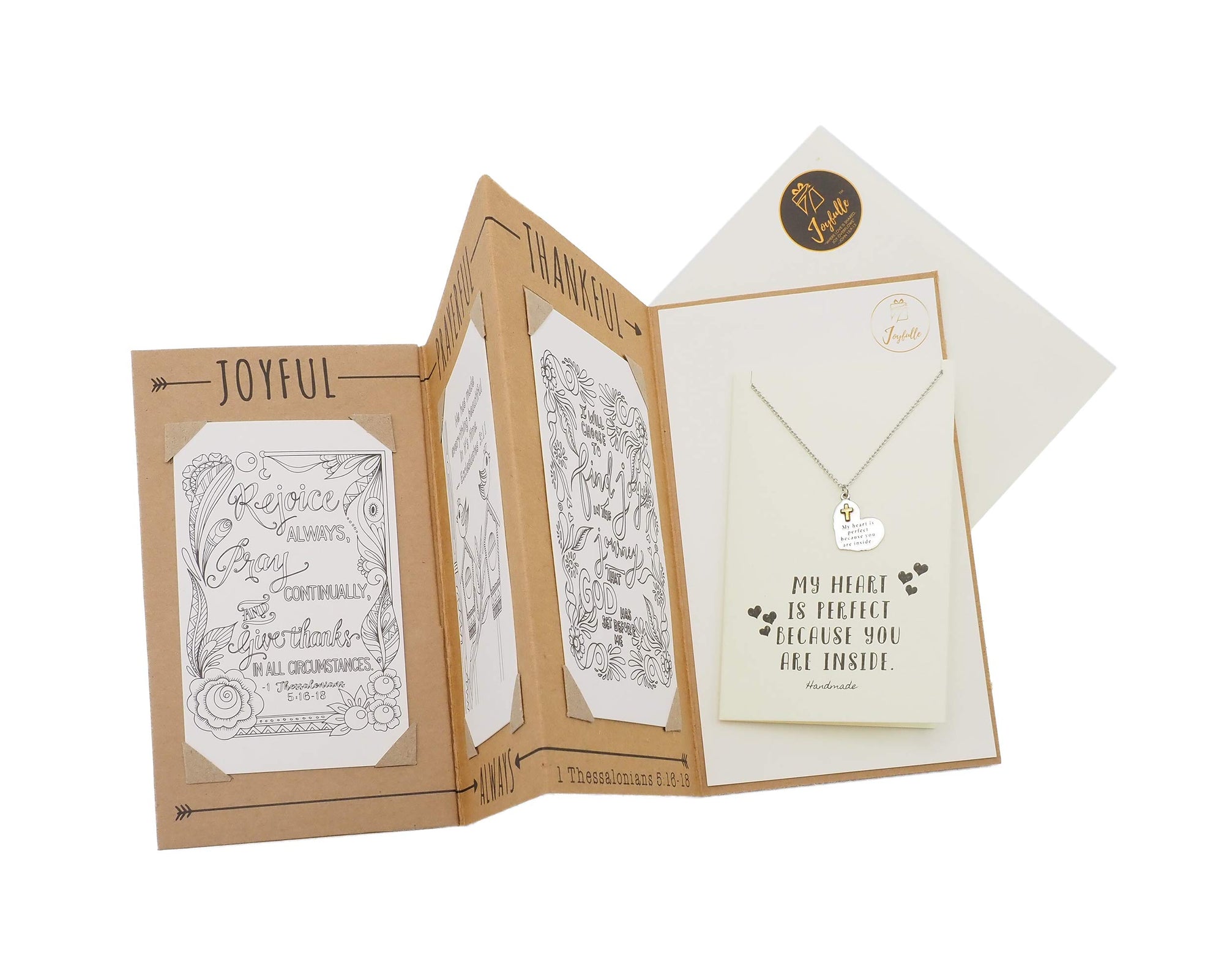 Open gift box with a necklace and card inside on a white background