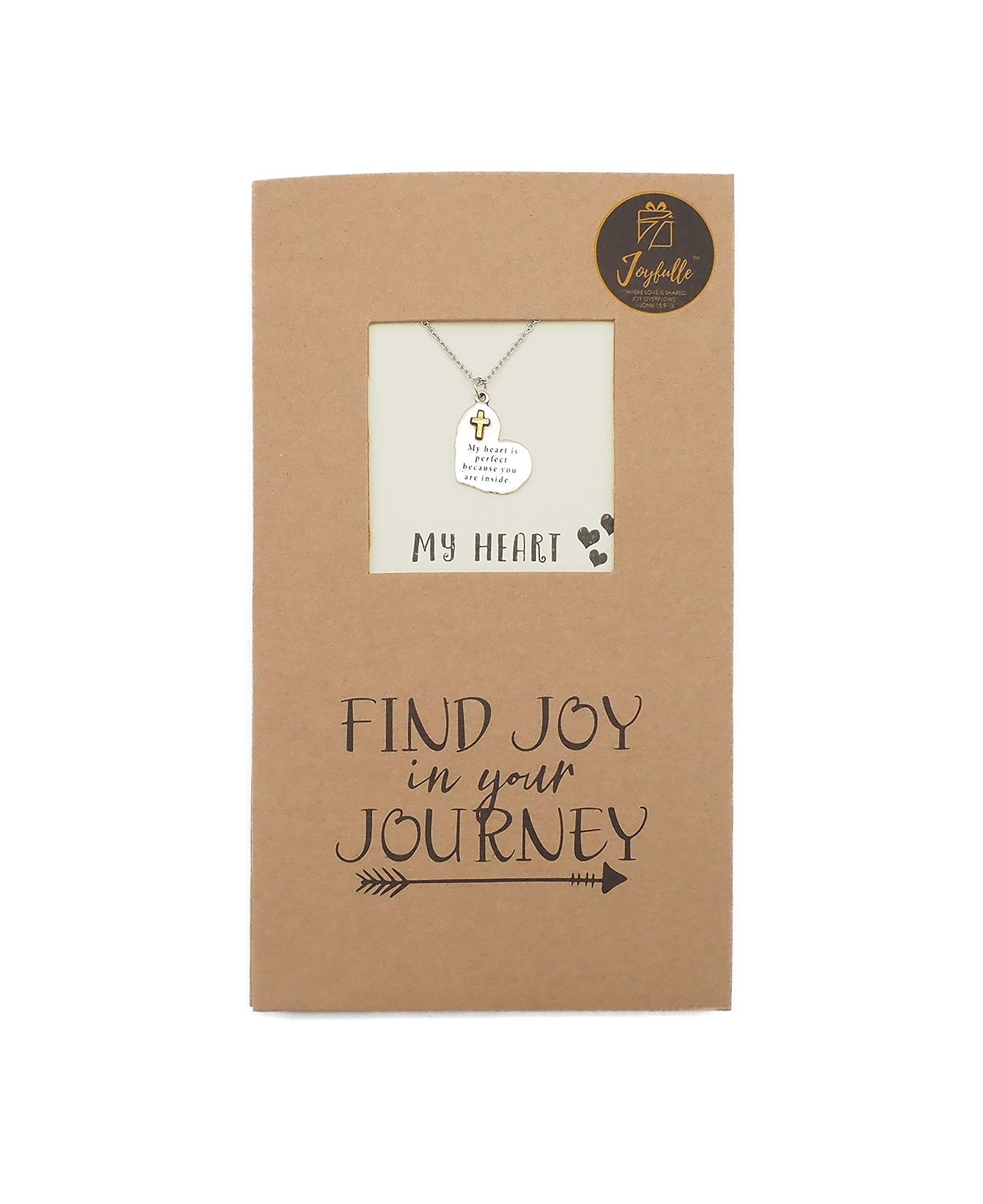 Jewelry packaging with a necklace and card, featuring text and a brand logo.