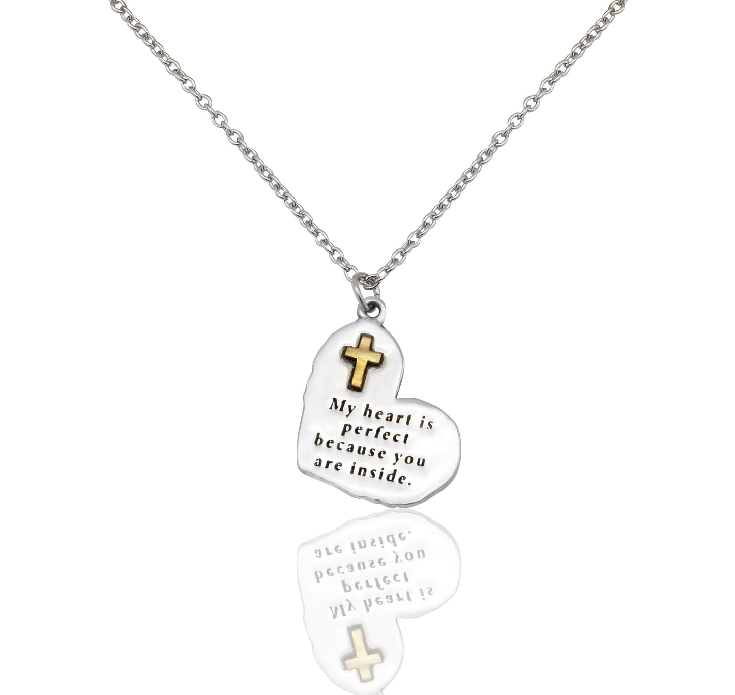 Necklace with heart-shaped pendants featuring crosses and engraved text on a white background