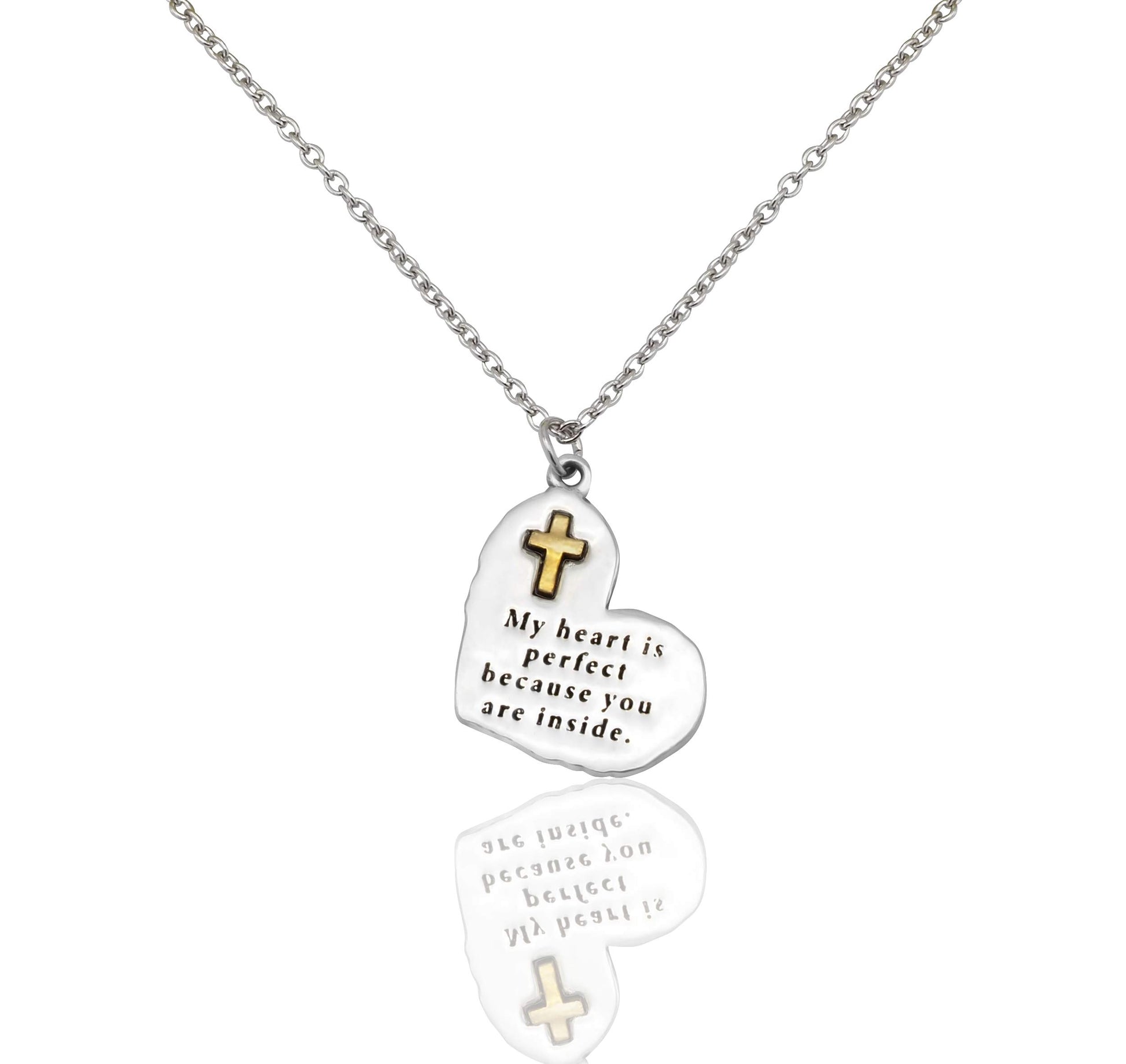 Necklace with heart-shaped pendants featuring crosses and engraved text on a white background