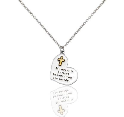 Necklace with heart-shaped pendants featuring crosses and engraved text on a white background