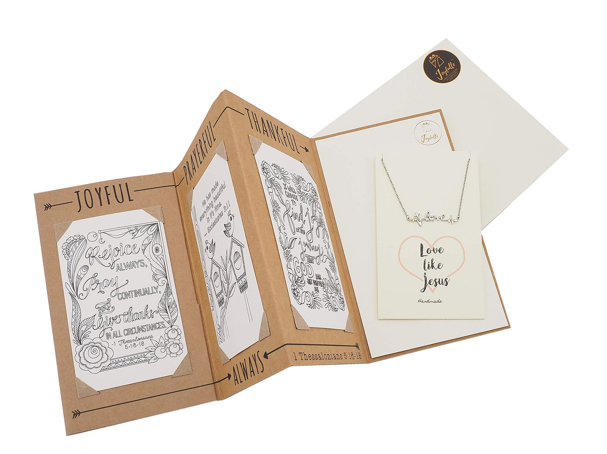 Open book with printed designs and text on a white background