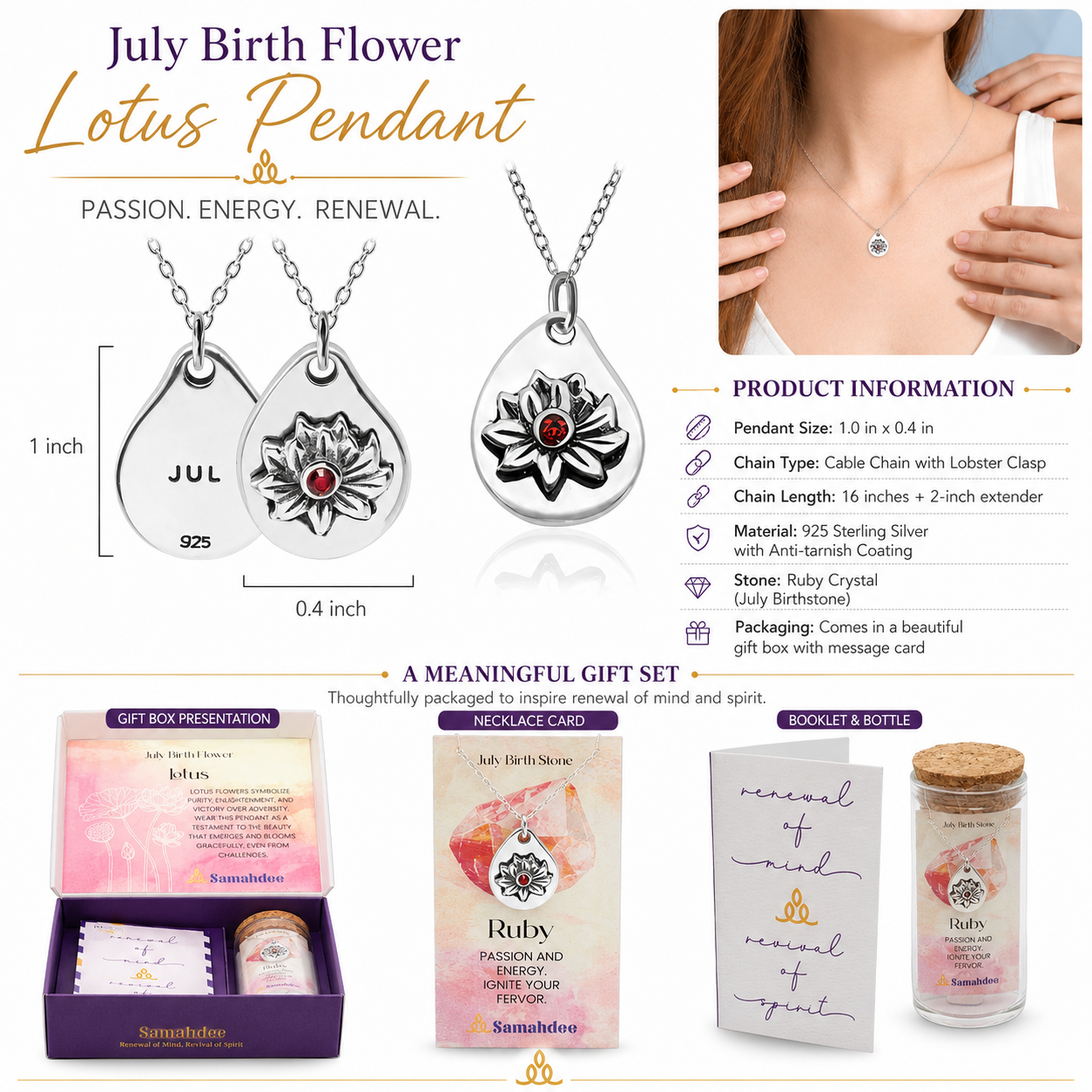 Milan Birthstone Necklaces Collection by Samahdee, Rings, Earrings: Handmade Flower Pendant with Colored Crystal - Gift for Mom, Daughter, BFF, Sister, Granddaughter, Niece