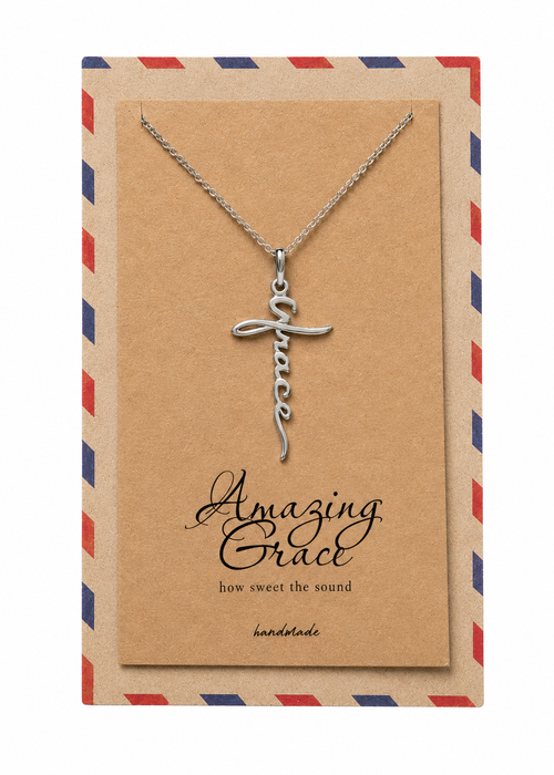 Aubree Cross Grace Script Pendant Necklace With Inspirational Quote, Gifts for Women