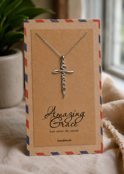 Aubree Cross Grace Script Pendant Necklace With Inspirational Quote, Gifts for Women