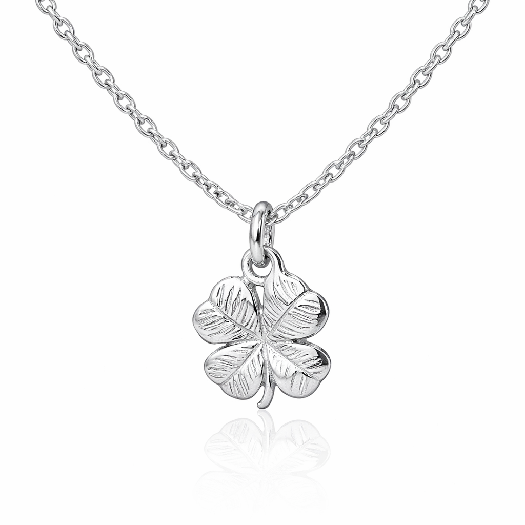 Lia Four Leaf Clover Necklace, 4 Leaf Clover Best Friend Jewelry, Rhodium Plated