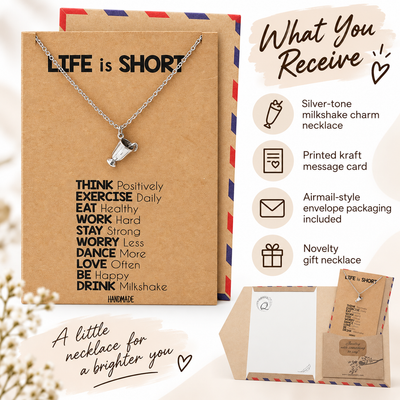 Sadie Life is Short Drink Milkshake Necklace, Best Friend Gifts, Inspirational Jewelry Greeting Card