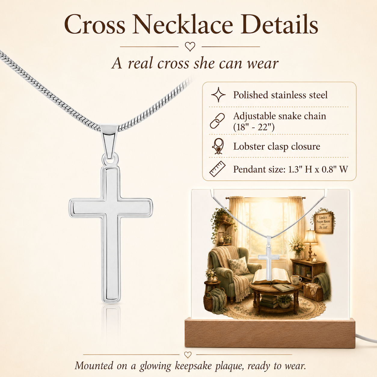 Personalized Prayer Room Cross Necklace Lighted Acrylic Keepsake