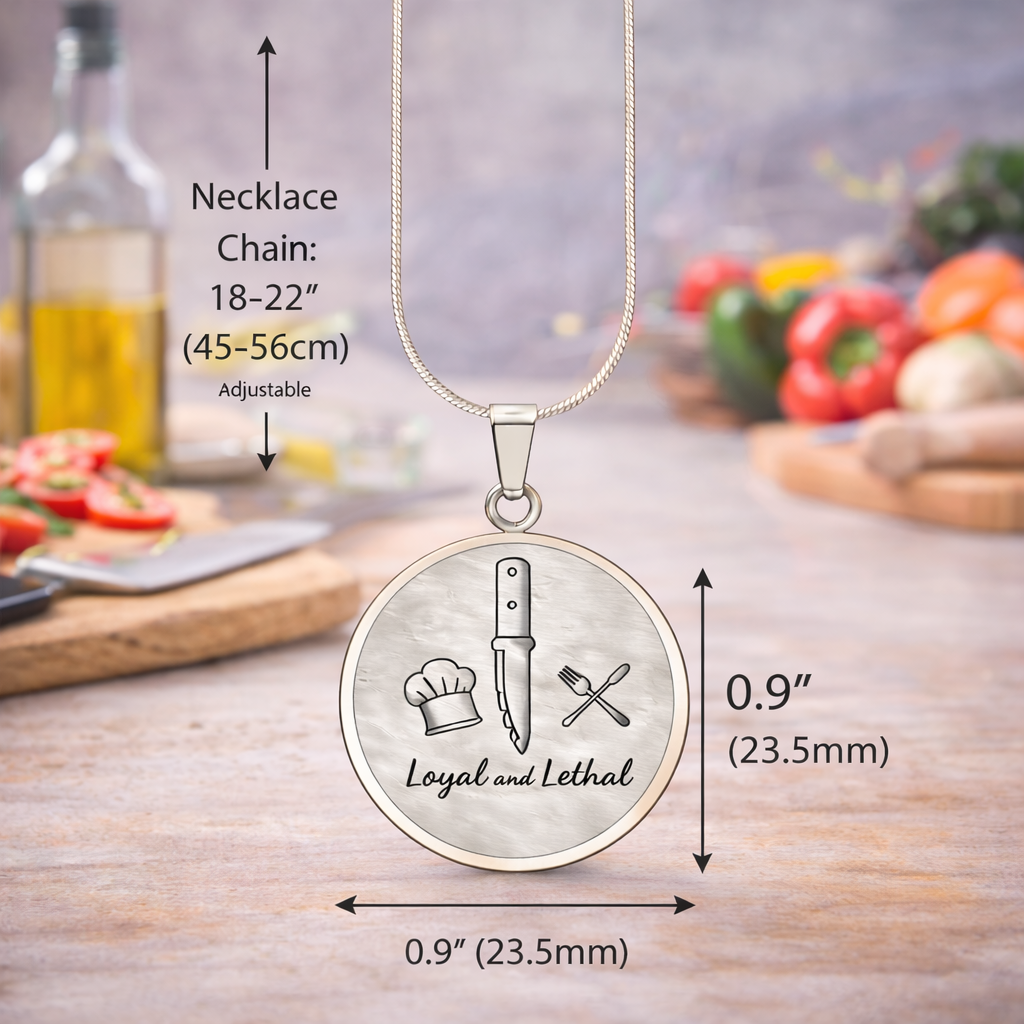 Loyal & Lethal Knife Circle Necklace – Minimalist Culinary Pendant Gift for Foodies & Chefs
