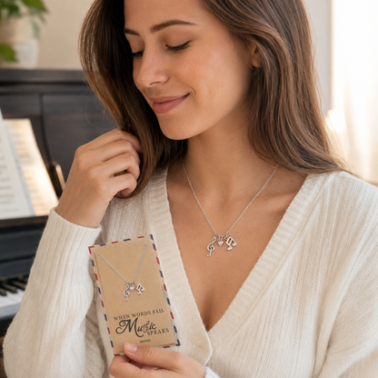 Mara Music Note Necklace, Gifts for Music Lovers, Music Jewelry, Rhodium or Gold Plated