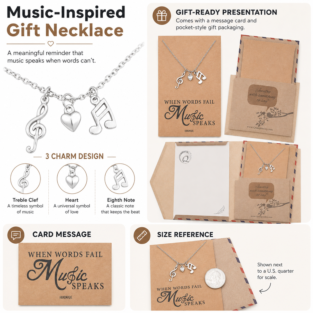 Mara Music Note Necklace, Gifts for Music Lovers, Music Jewelry, Rhodium or Gold Plated