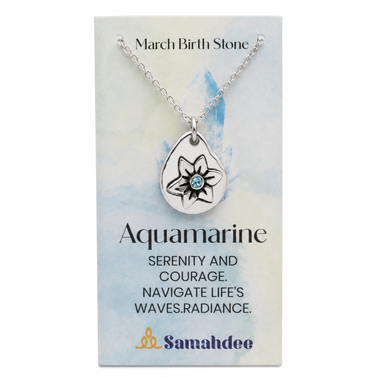 A silver teardrop pendant necklace with a lotus flower design and a small aquamarine stone, displayed on a branded Samahdee card labeled 'March Birth Stone' and 'Aquamarine'.