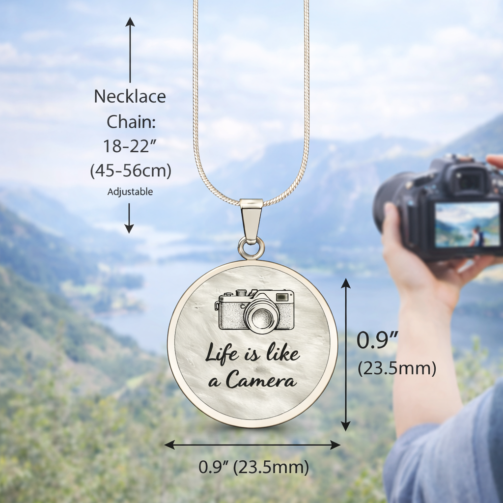 Life Is Like a Camera Circle Necklace – Inspirational Photography Pendant Gift