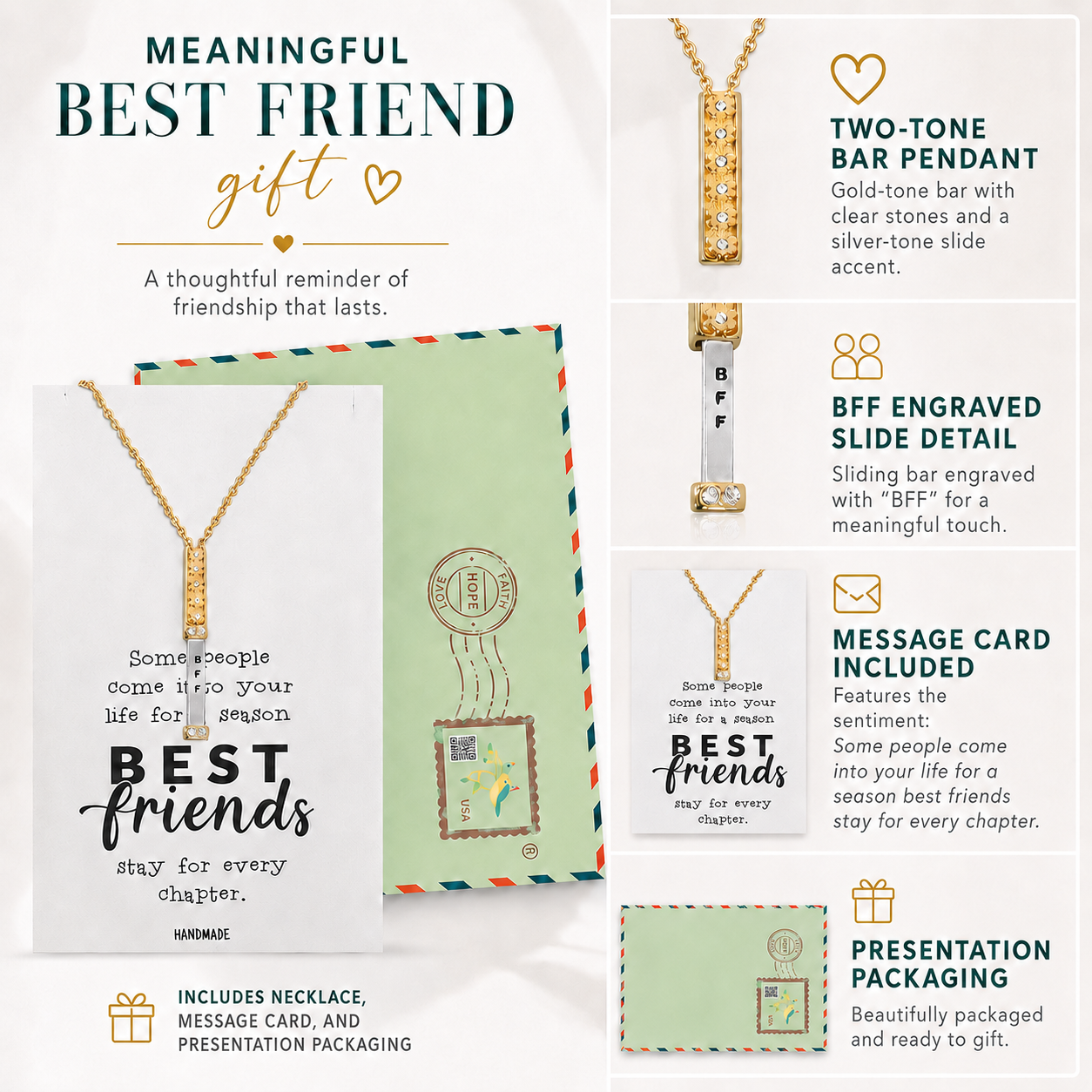 Jolly Best Friend Forever - BFF Heritage Bar with Flowers Pendant Necklace for Best Friend & Sisters, Silver, Gold