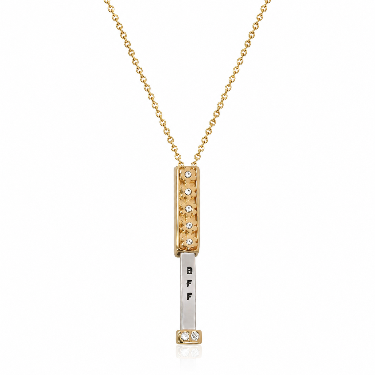 Jolly Best Friend Forever - BFF Heritage Bar with Flowers Pendant Necklace for Best Friend & Sisters, Silver, Gold