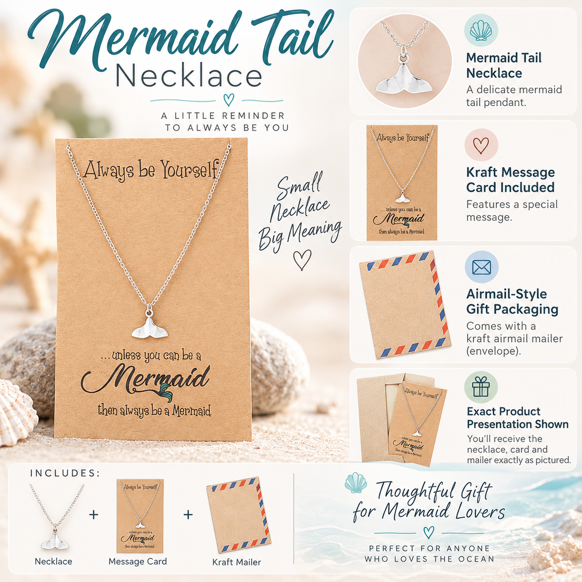 Beverly Tail of Mermaid Necklace for Women, Inspirational Quote Jewelry Greeting Cards