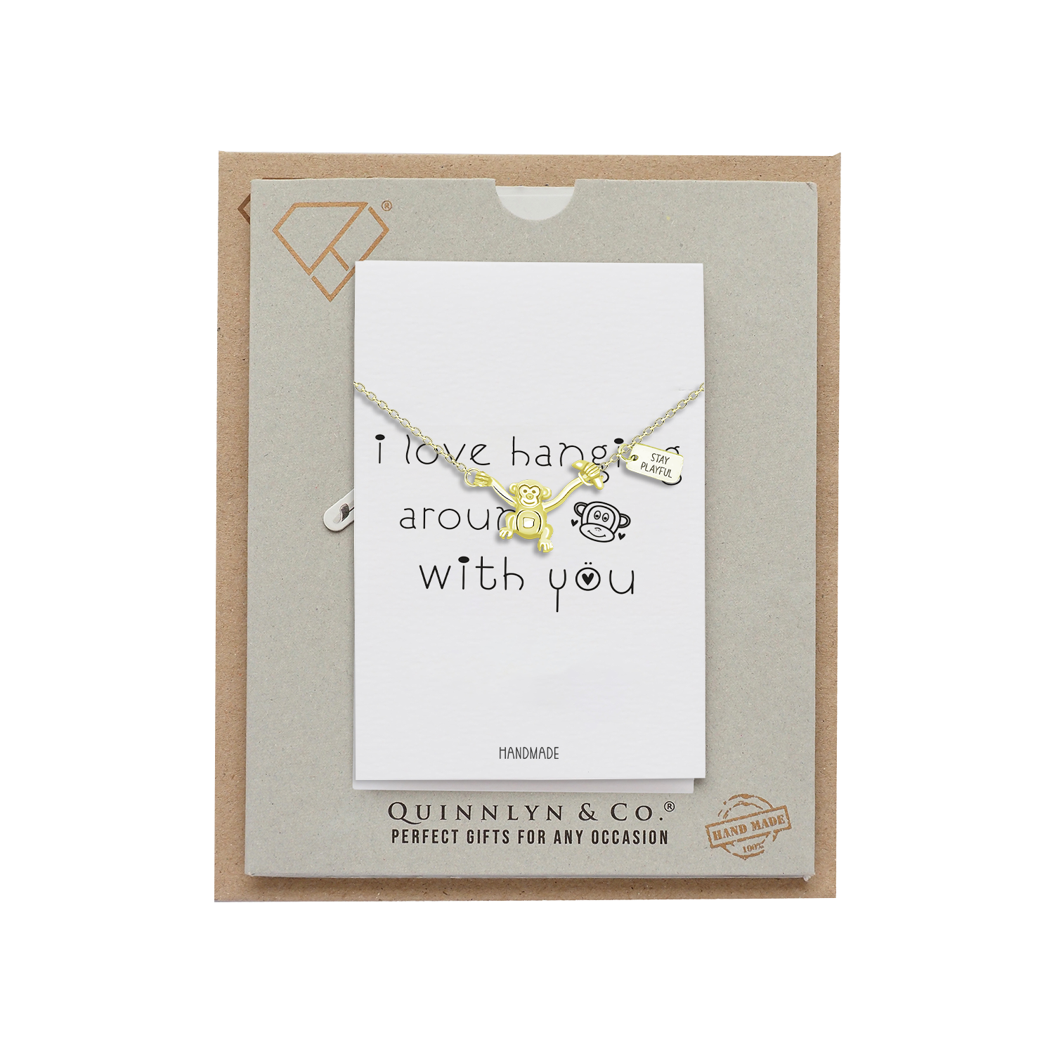Quinnlyn & Co. Monkey Pendant Necklace, Gifts for Women with Inspirational Quote on Greeting Card