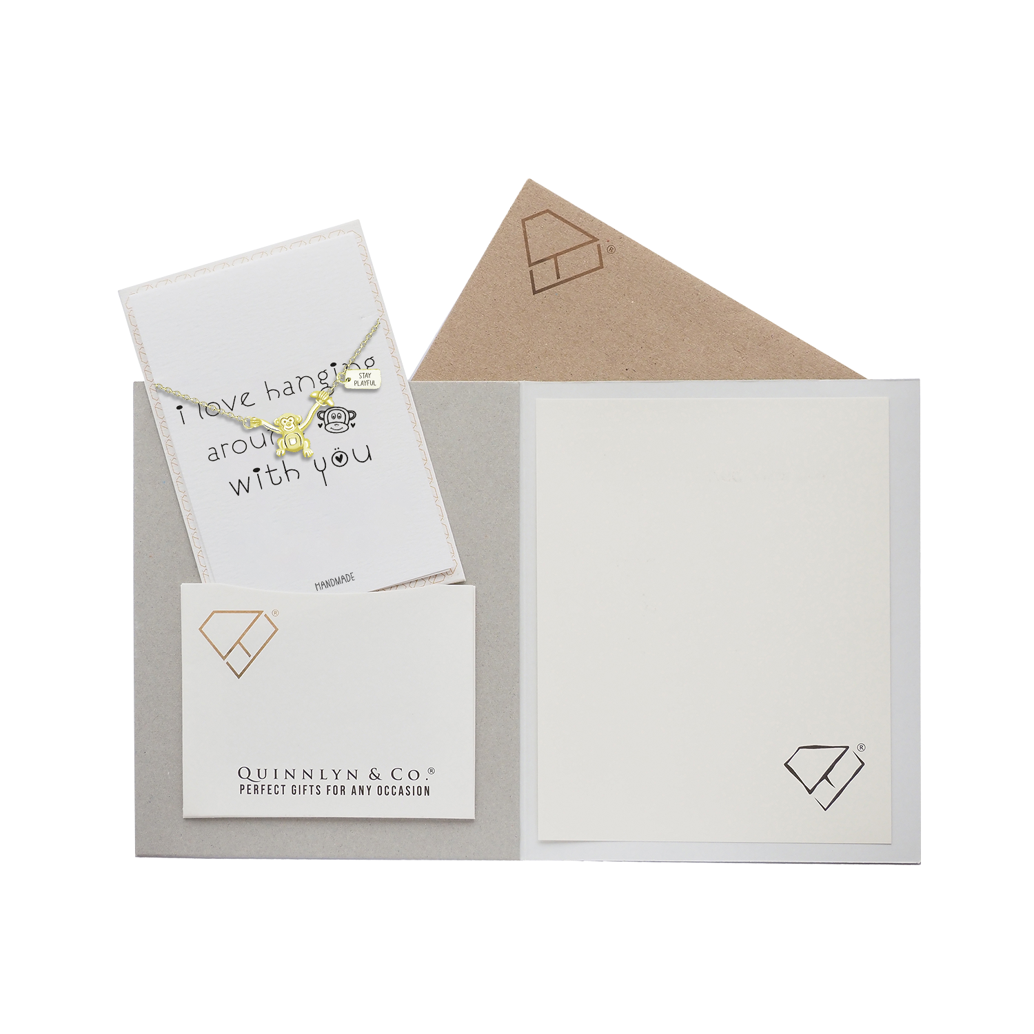 Quinnlyn & Co. Monkey Pendant Necklace, Gifts for Women with Inspirational Quote on Greeting Card