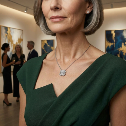 Woman wearing a green dress and silver necklace in an art gallery setting