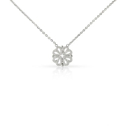 Silver necklace with a clover-shaped pendant on a white background