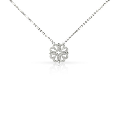 Silver necklace with a clover-shaped pendant on a white background