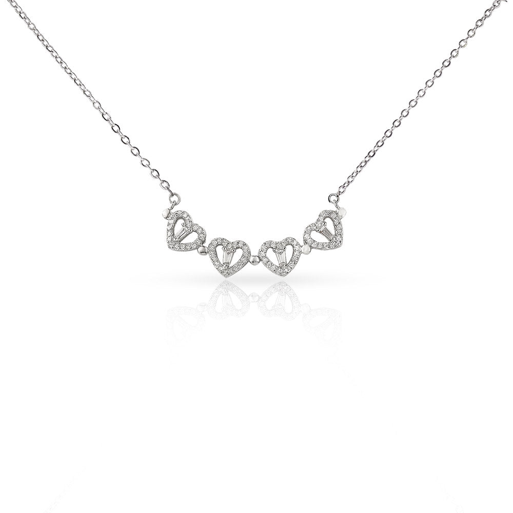 Silver necklace with heart-shaped pendants on a white background