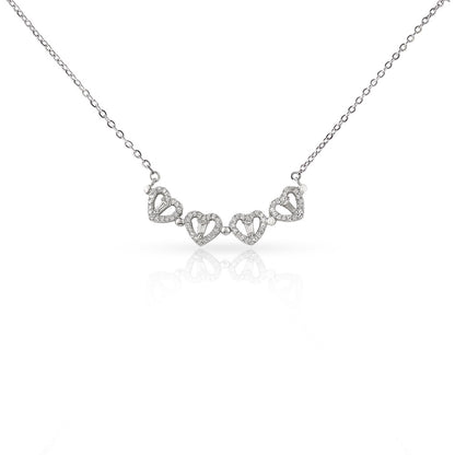 Silver necklace with heart-shaped pendants on a white background