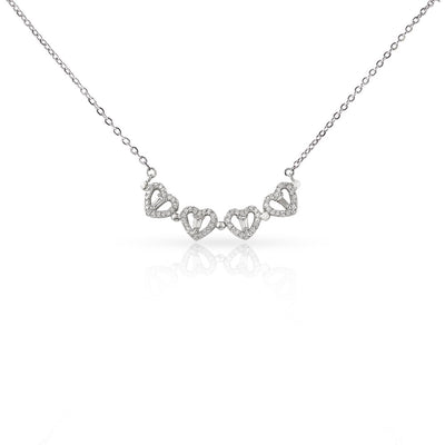 Silver necklace with heart-shaped pendants on a white background