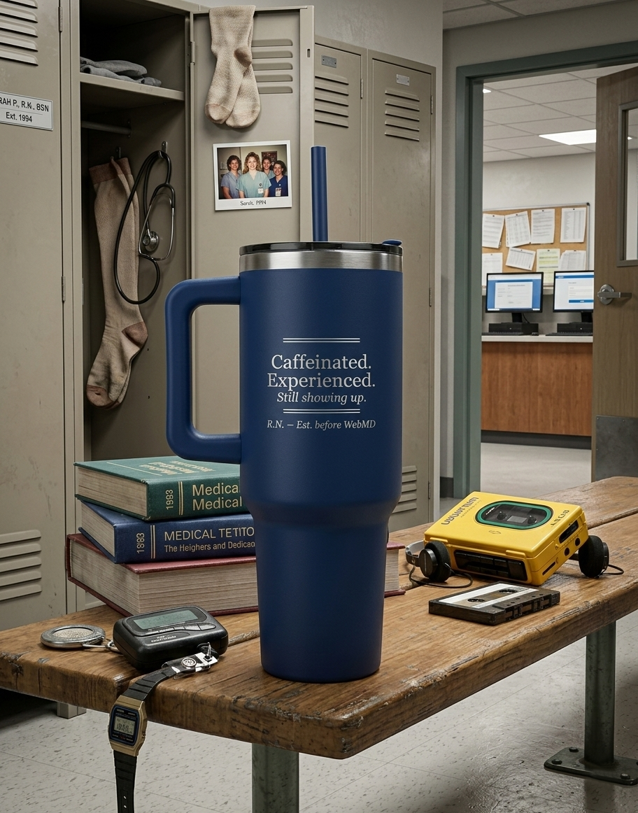 Blue insulated mug with text on a wooden bench in an office setting